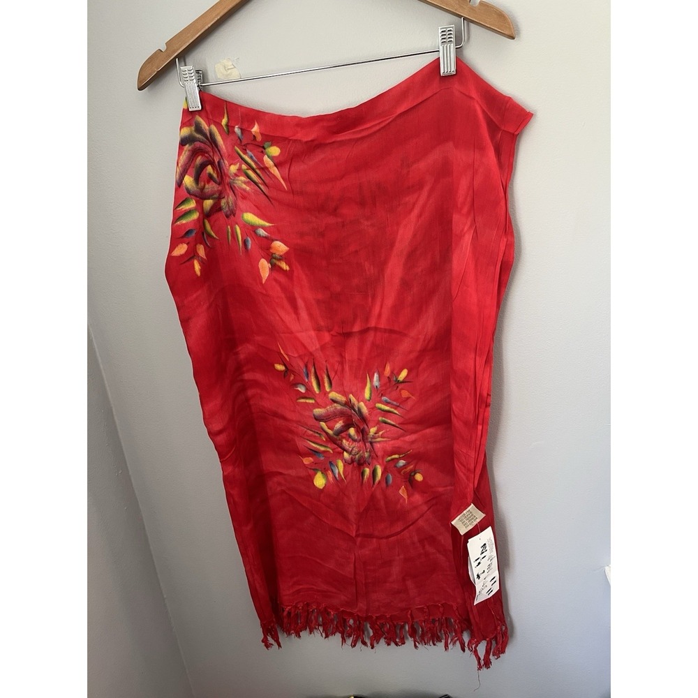 Tropical‎ Batik Women's 60x43 Red Floral Hand Painted Sarong Beach Cover Up NWT